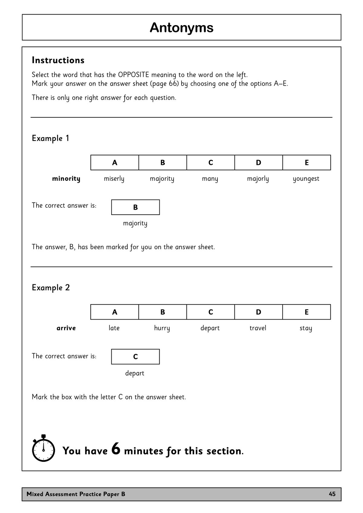 Sample page showing antonyms section with worked examples and answer grid instructions