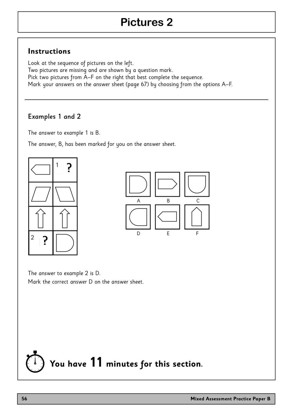 Non-Verbal Reasoning Pictures section with sequence completion examples and timing guidance