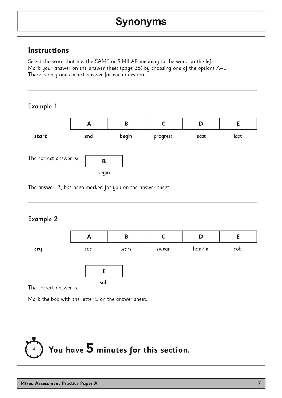 Synonyms section from CEM 11+ practice paper