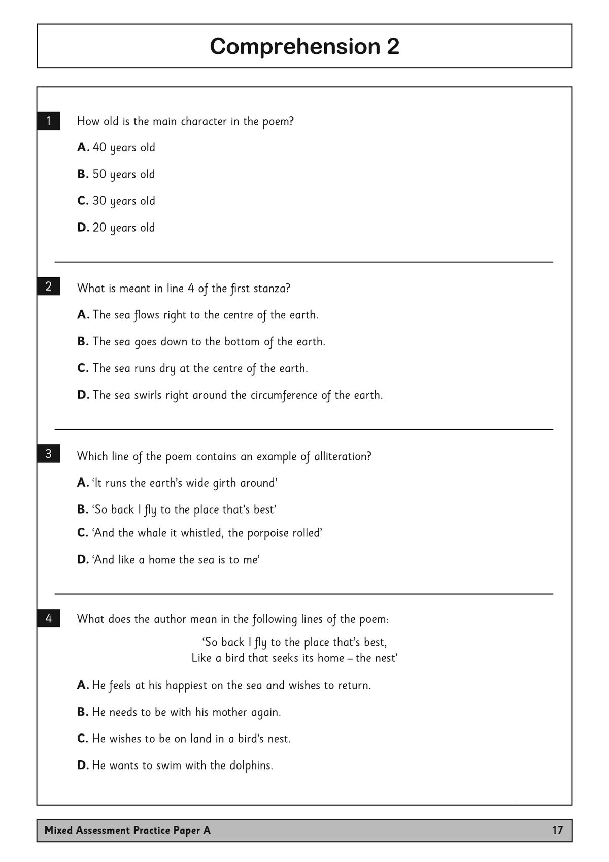 Sample comprehension questions from CEM 11+ practice paper