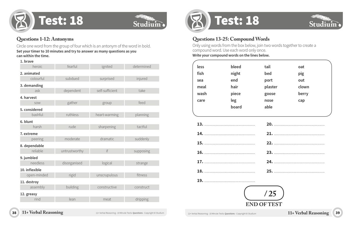 Sample test page showing antonyms and compound words questions with timer icon