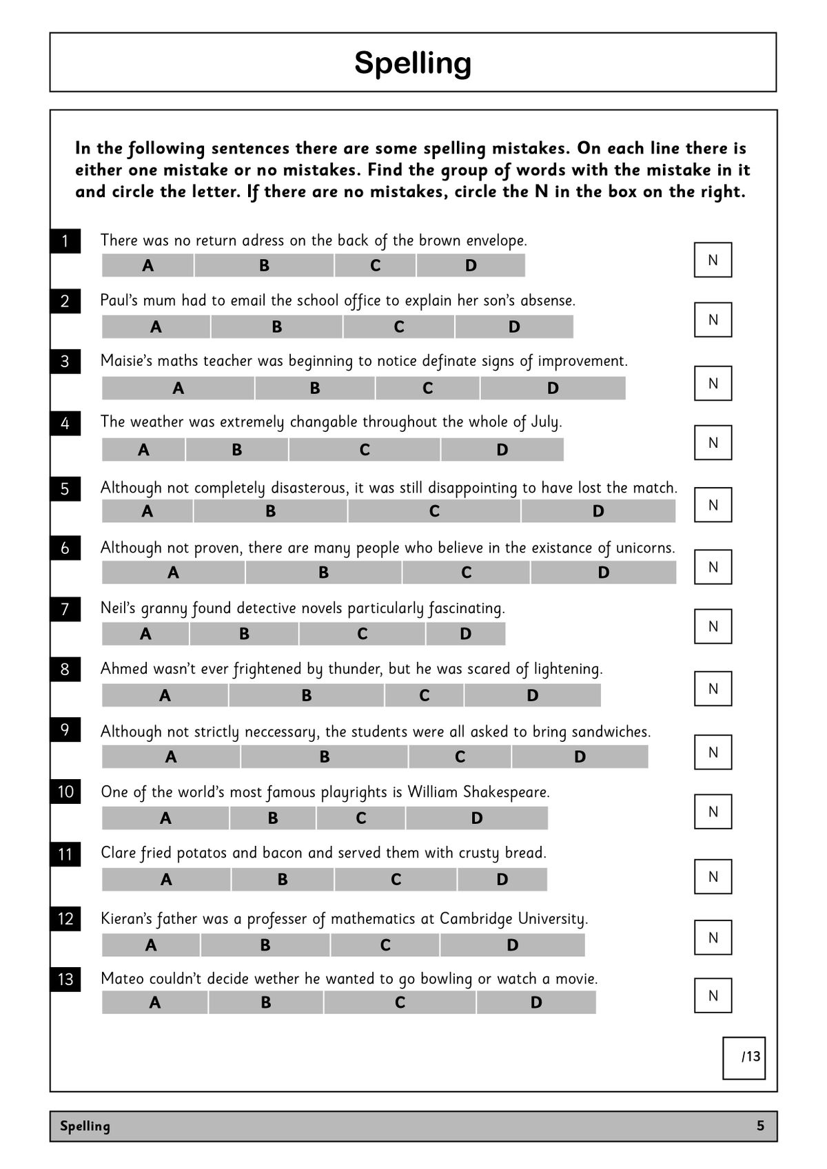 Sample spelling practice page from the CEM 11+ Verbal Reasoning Workbook