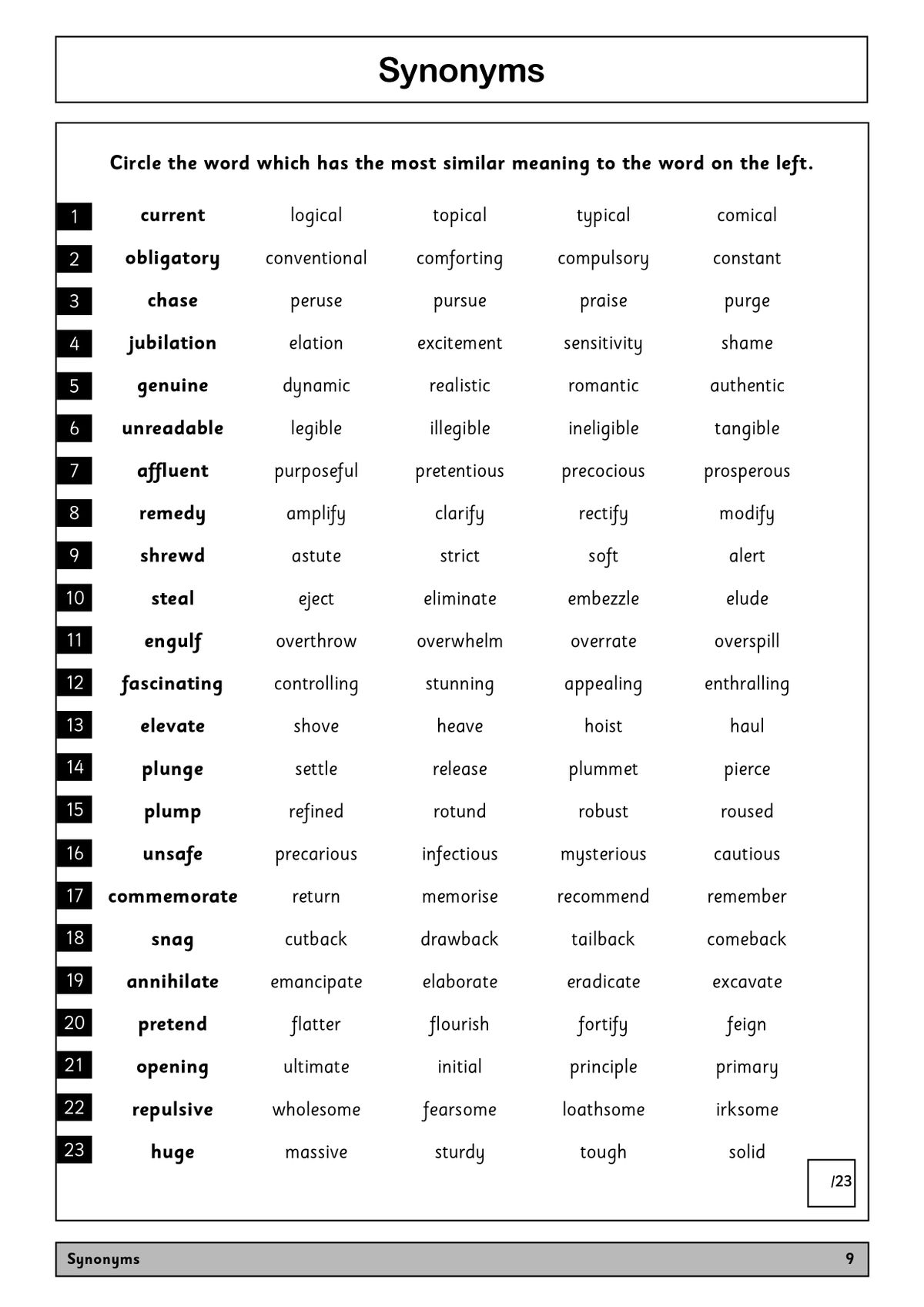Sample synonyms practice page from the CEM 11+ Verbal Reasoning Workbook