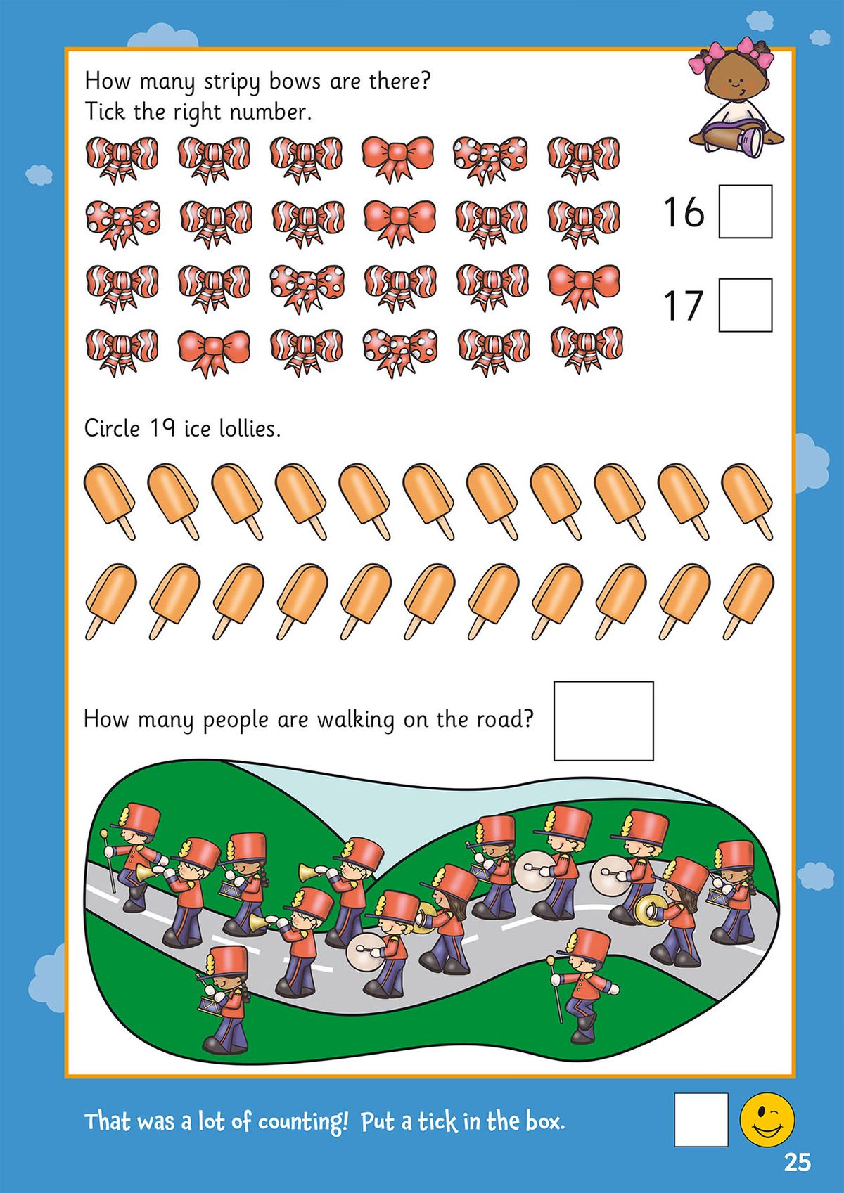 Activity page featuring striped bows counting exercise, ice lollies, and marching band characters