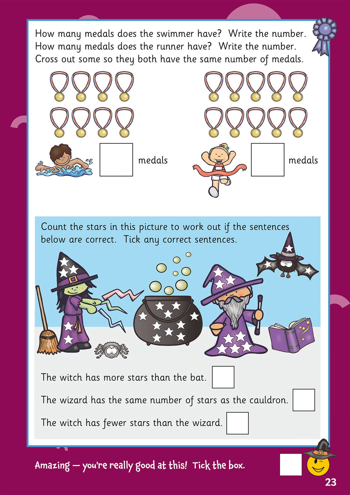 Sample page showing colourful counting activities with medals and wizard-themed problem-solving tasks