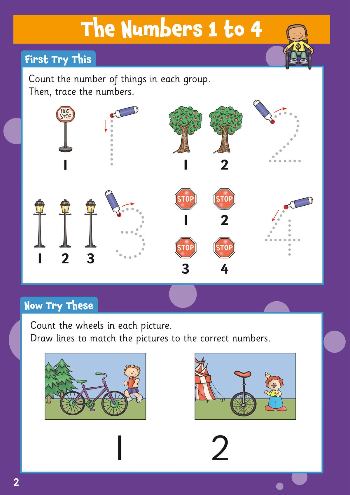 Sample page showing counting exercises with numbers 1 to 4