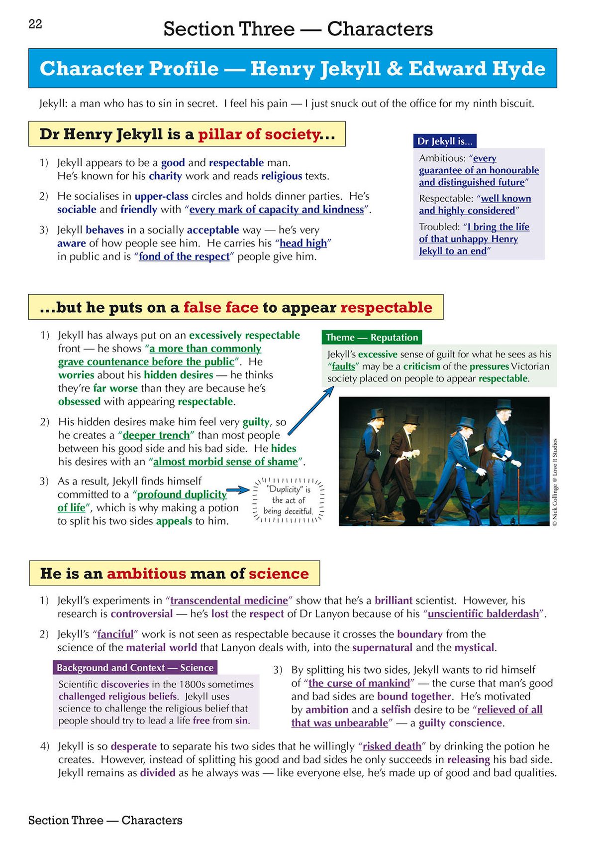 Character profile pages for Dr Jekyll and Mr Hyde showing detailed analysis and key quotations