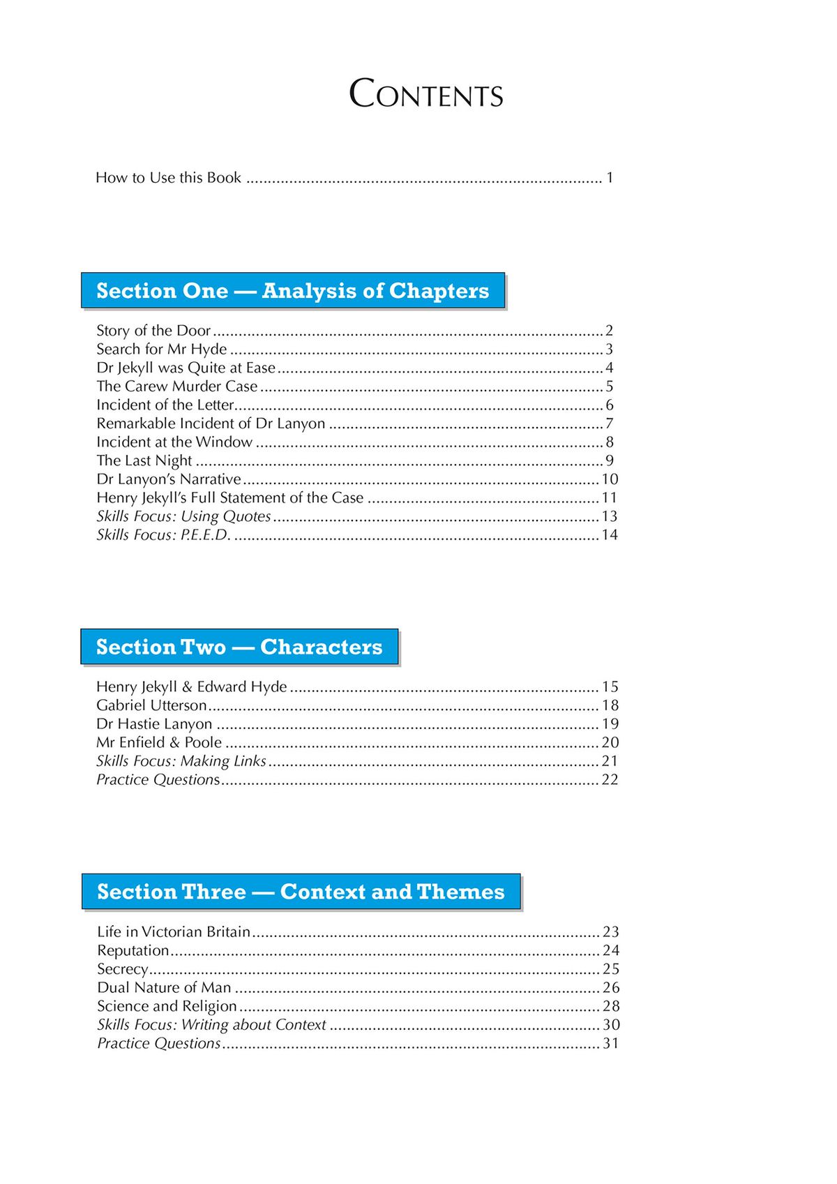 Contents page listing sections on chapter analysis, characters, context and themes, with skills focus and practice questions