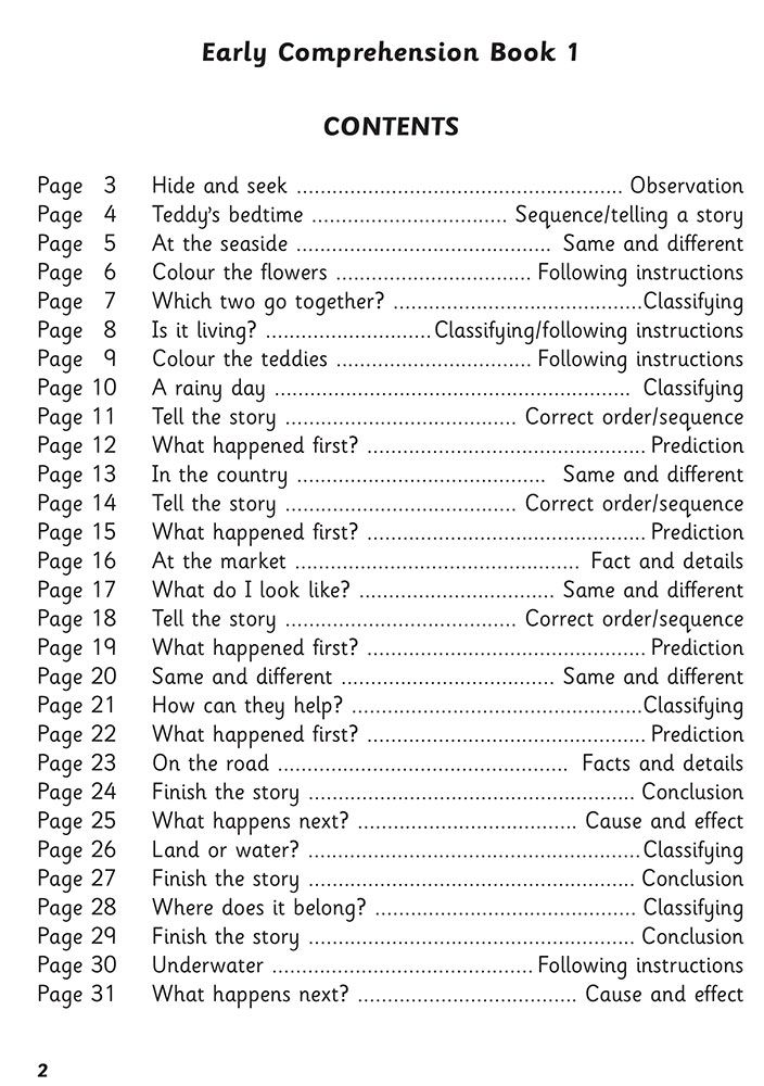 Contents page showing the full list of activities and comprehension skills covered in Early Comprehension Workbook 1