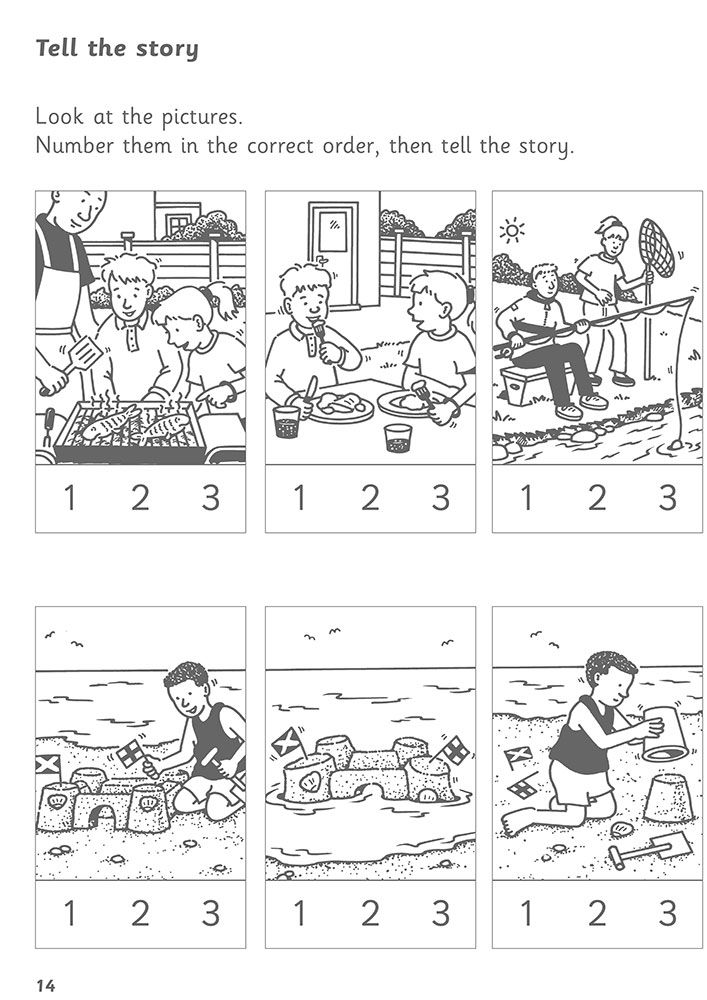 Sample activity page showing picture sequencing tasks where children number images in the correct order