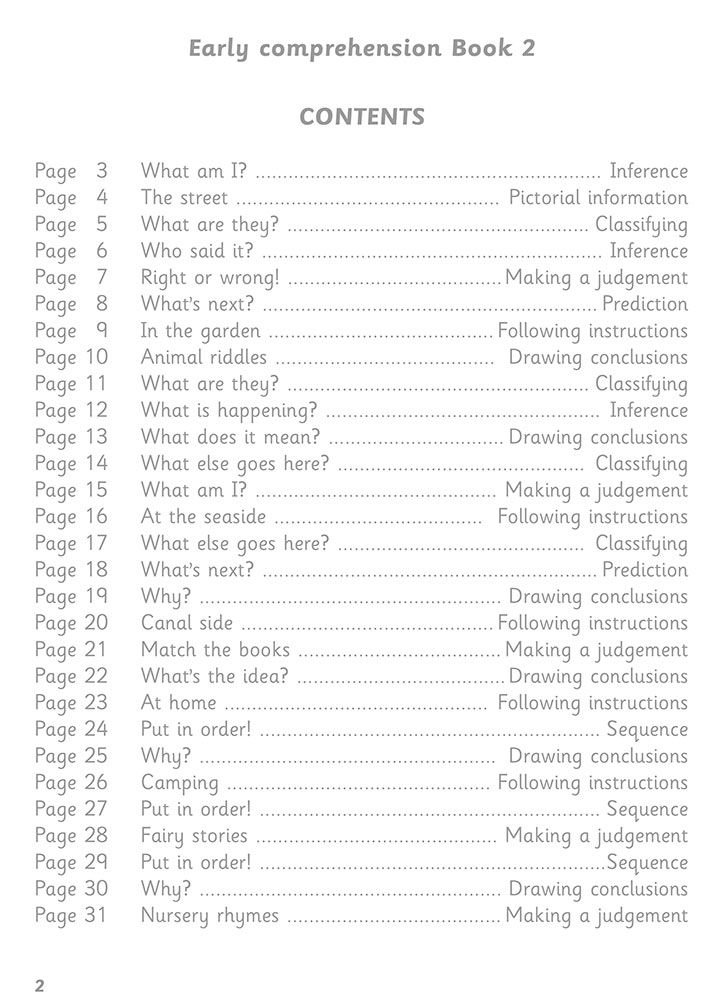 Contents page showing the scope of activities in Early Comprehension Book 2