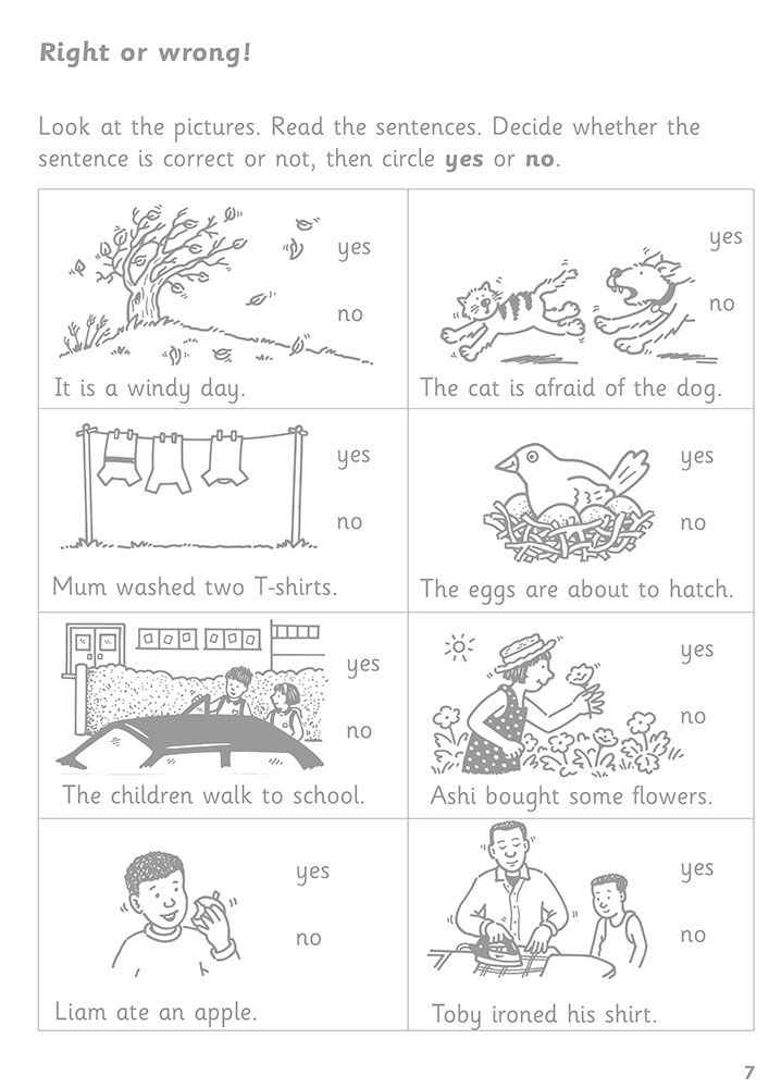 Sample activity page asking children to decide whether sentences match pictures