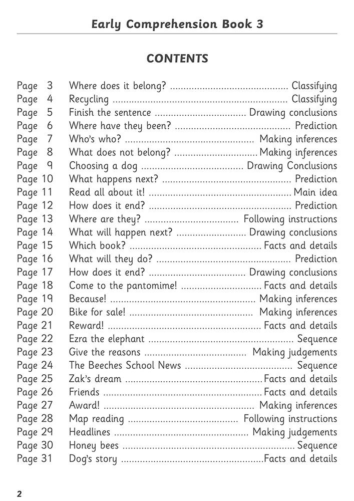 Contents page showing the range of comprehension skills covered in the workbook