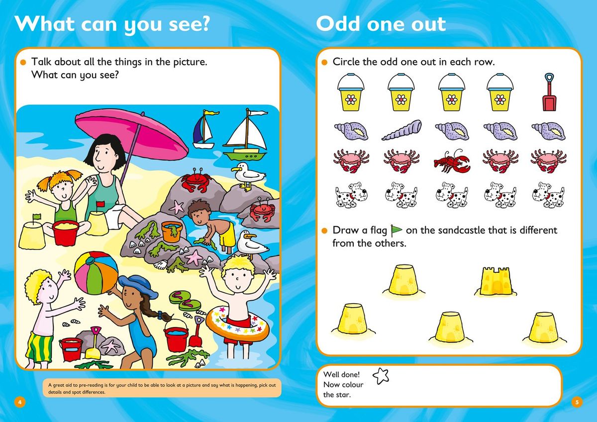 Sample spread showing beach scene observation activity and odd-one-out exercises