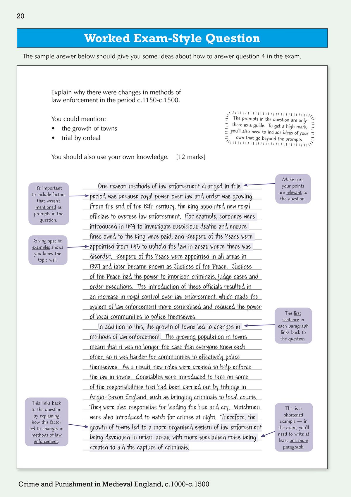 Worked exam-style question page with annotated sample answer