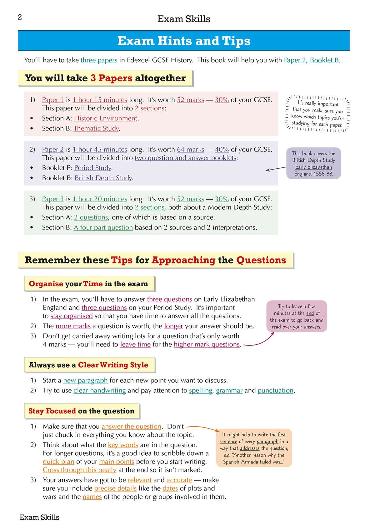 Exam hints and tips page outlining the three Edexcel GCSE History papers