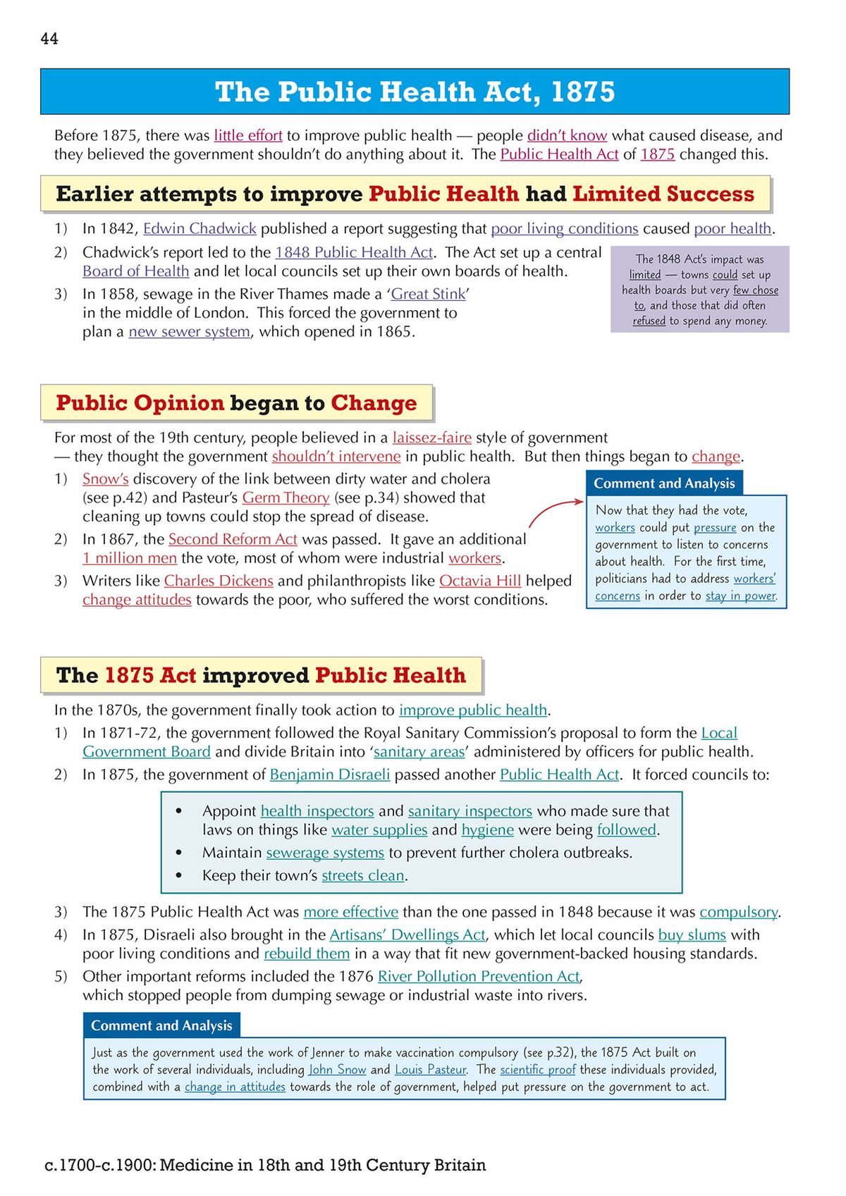 Inside page showing the Public Health Act 1875 with key facts and analysis boxes