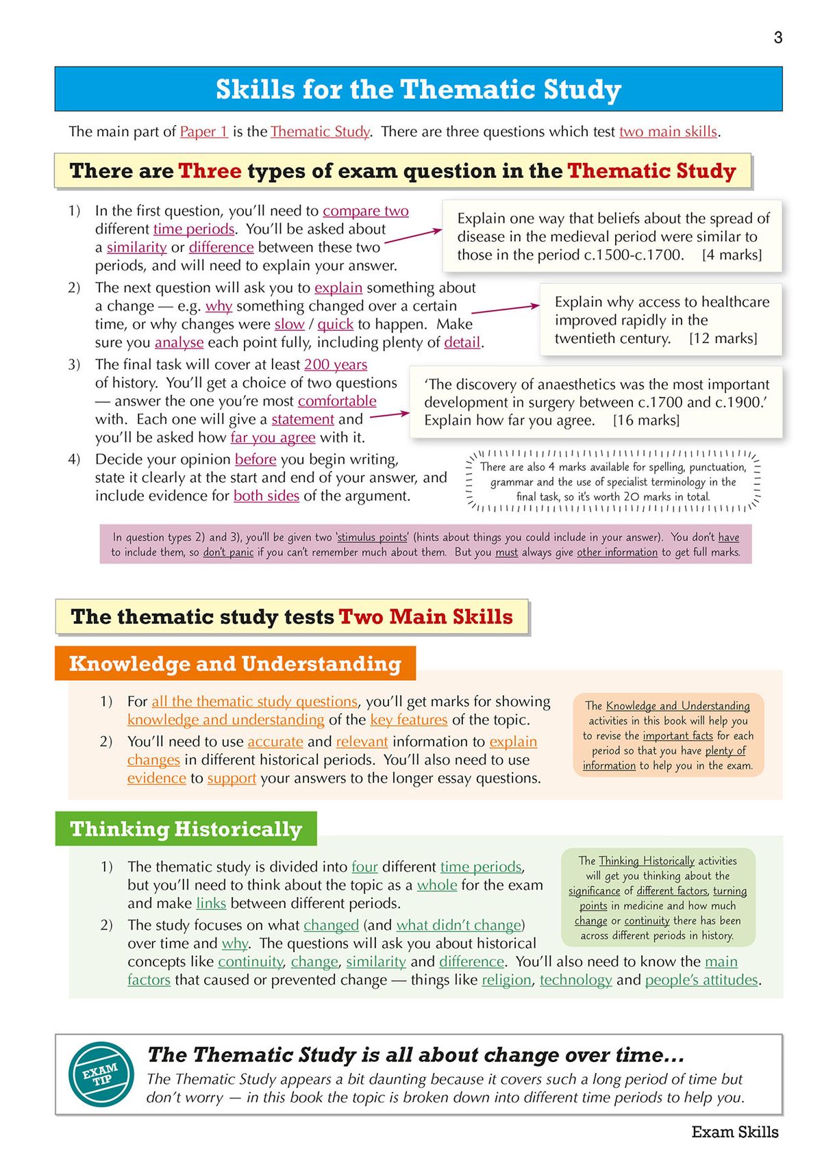 Skills for the Thematic Study page detailing exam question types and mark schemes