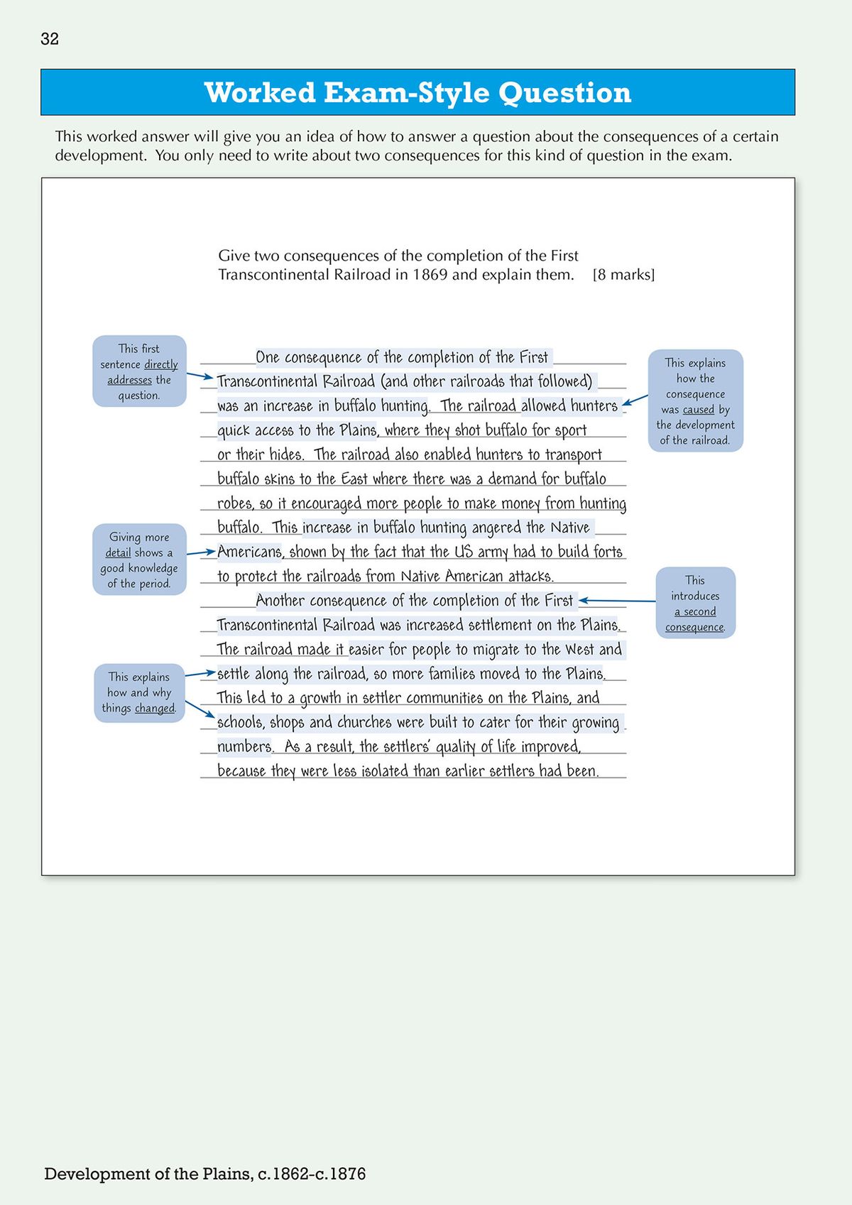 Sample page showing worked exam-style question on the consequences of the First Transcontinental Railroad