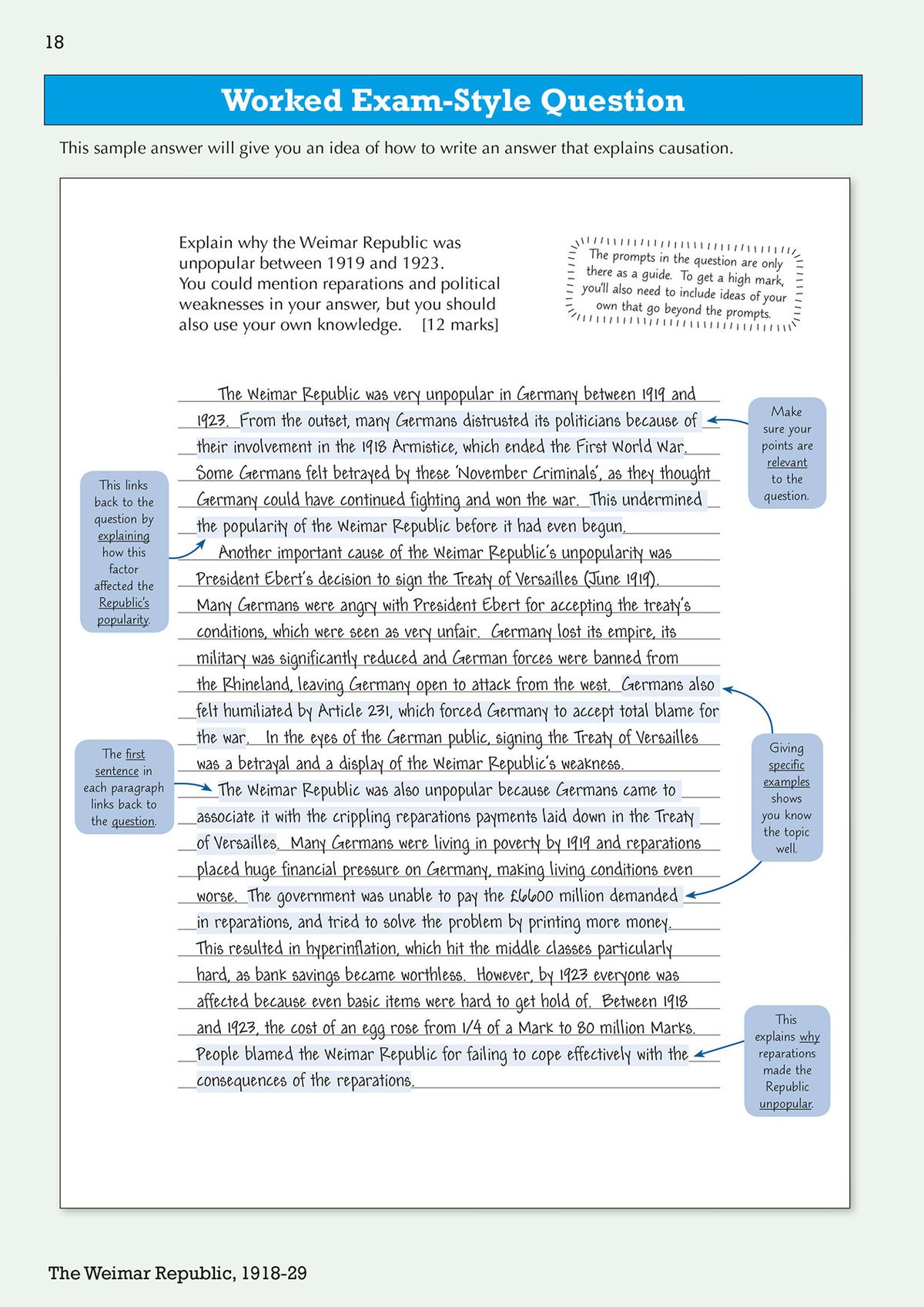 Worked exam-style question with annotated sample answer on the unpopularity of the Weimar Republic