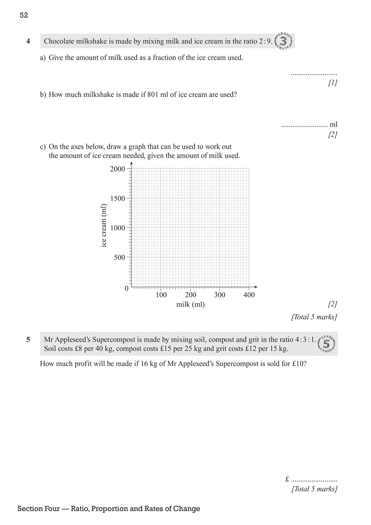 Sample page showing ratio and proportion questions with grade stamps and problem-solving icons
