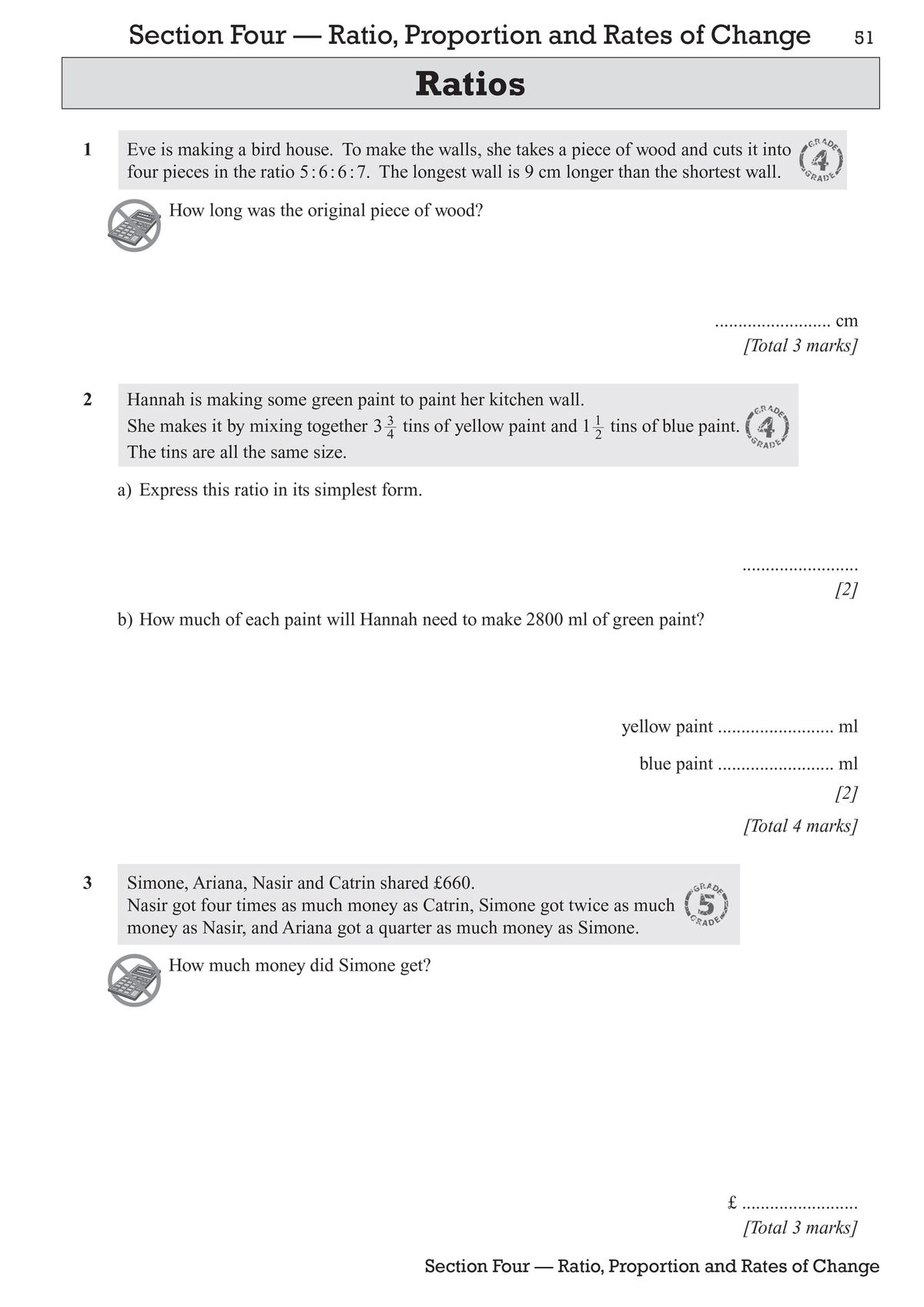 Close-up of a ratio question with multi-part structure and marks allocation