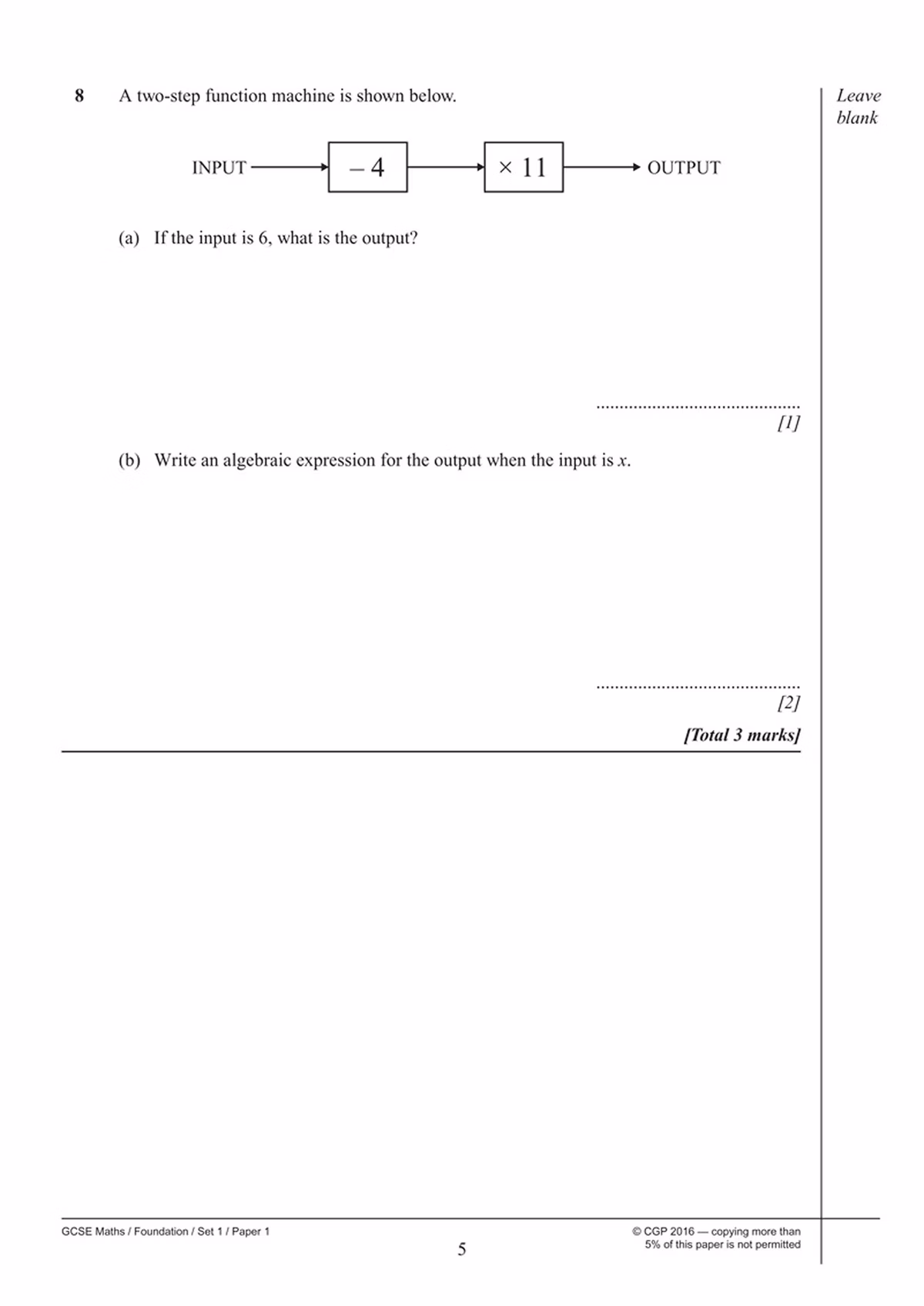 Sample algebra question page showing function machine diagrams