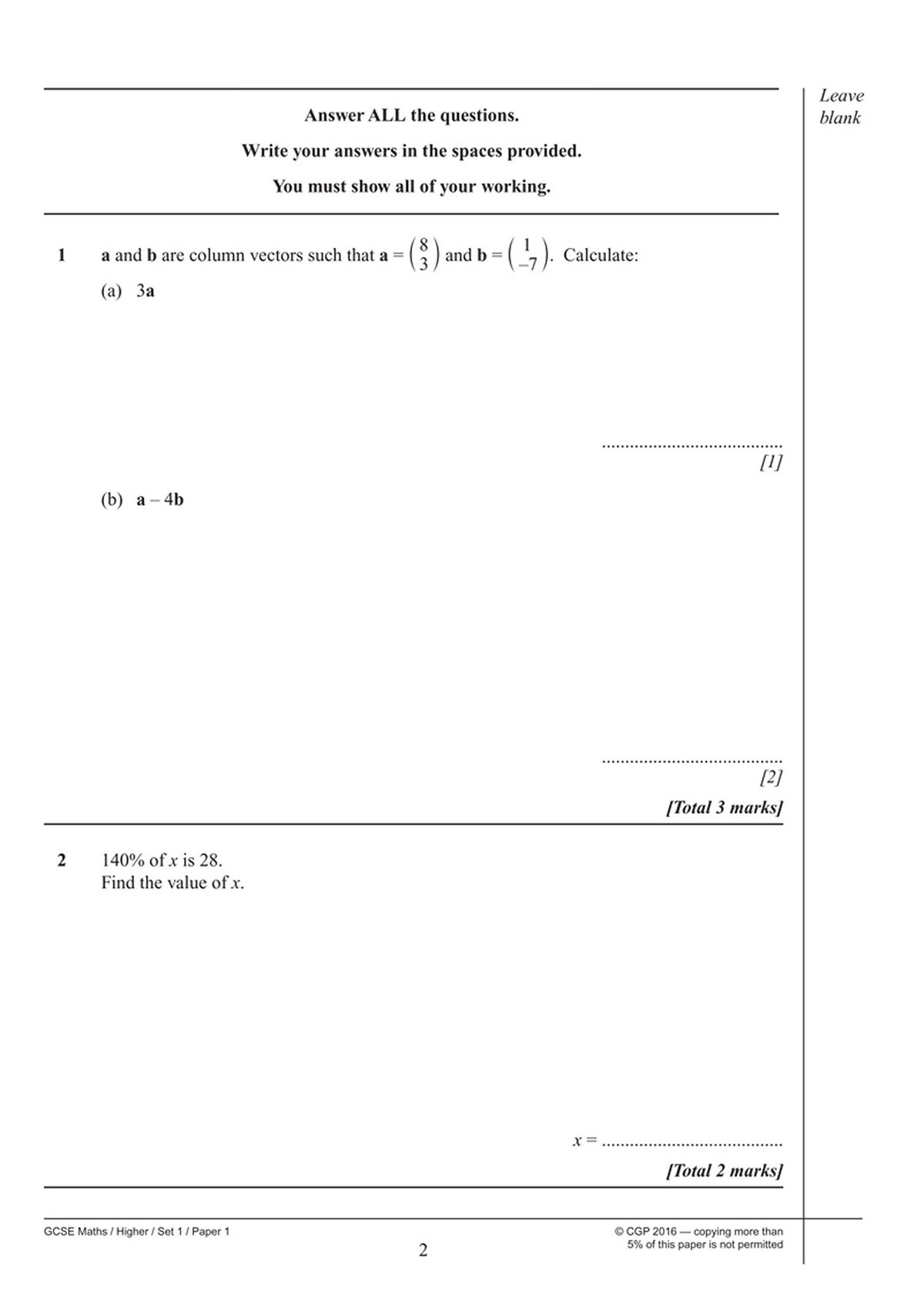Sample question page showing algebra and geometry problems with mark allocations