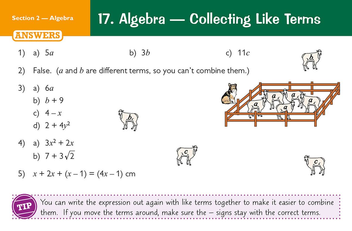 Answer page showing worked solutions for algebra questions on collecting like terms