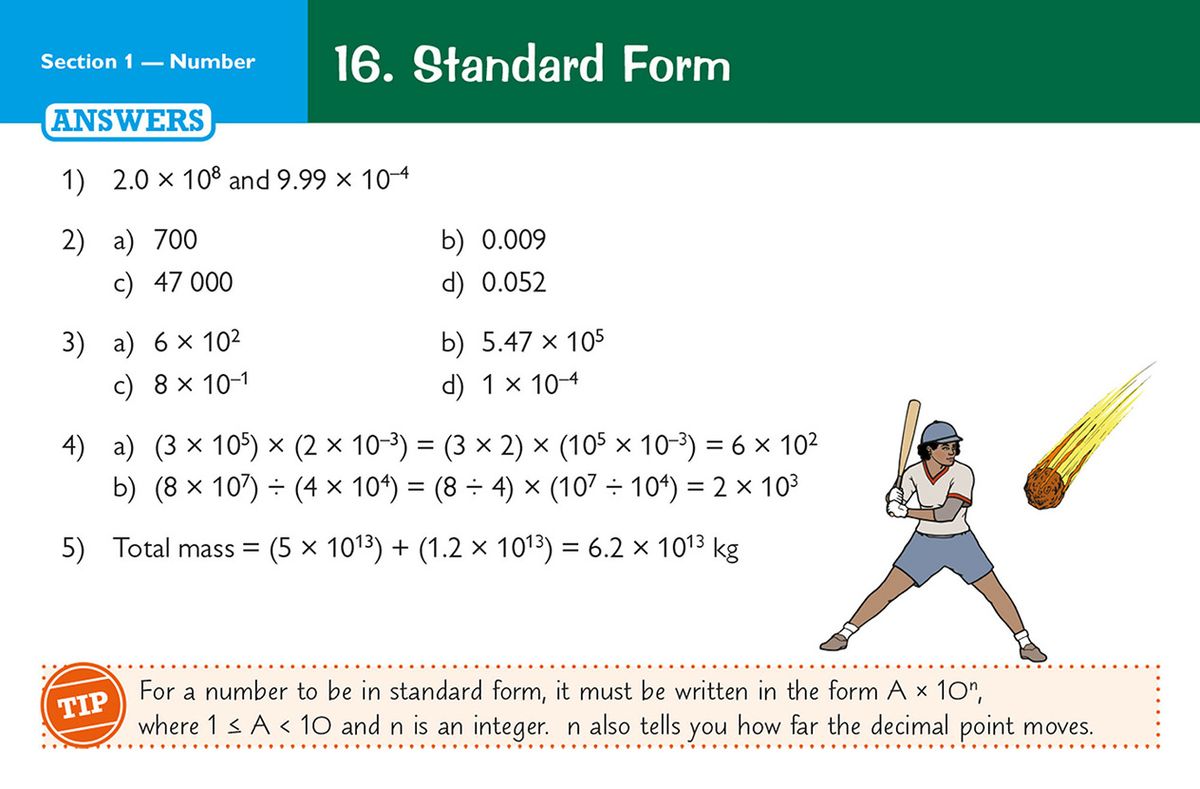 Answer page displaying solutions for standard form questions in the Number section