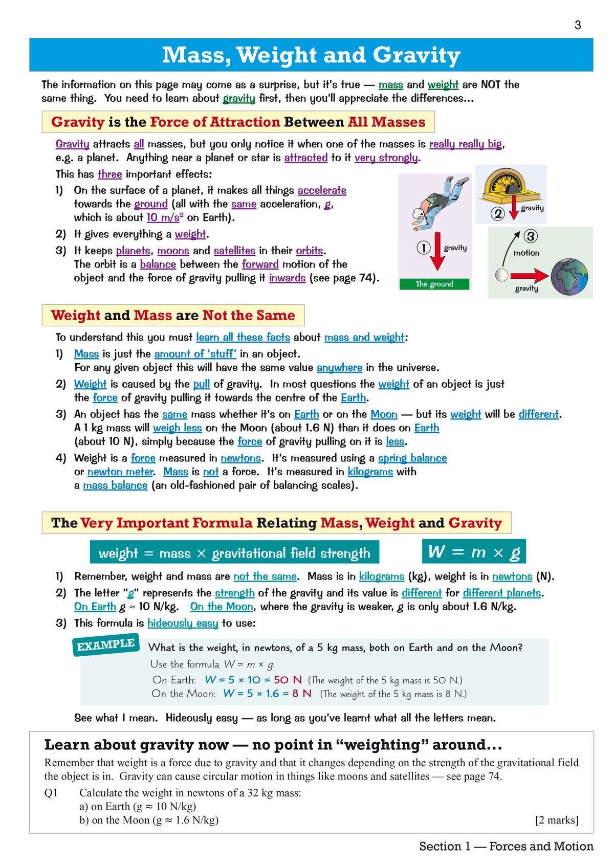 Mass, weight and gravity topic page with highlighted formulas and clear examples
