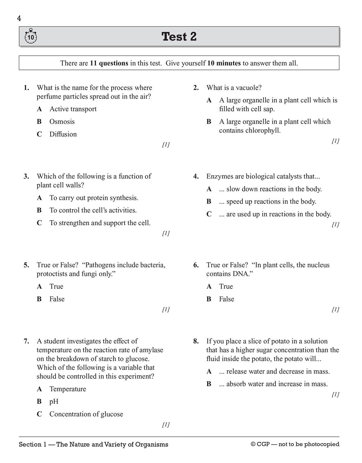 Sample test page showing eleven multiple-choice and short-answer biology questions