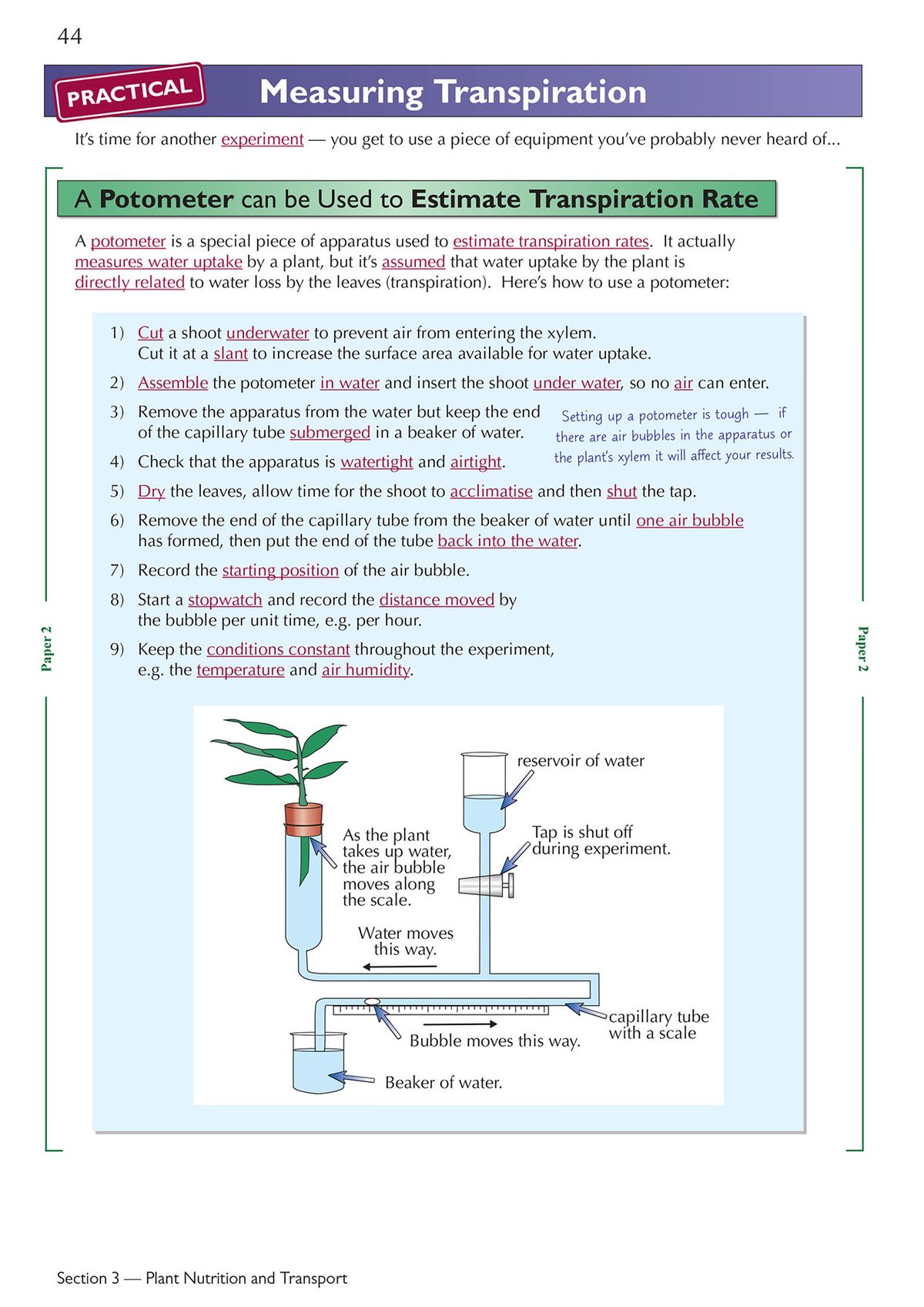 Page showing detailed practical instructions for measuring transpiration using a potometer