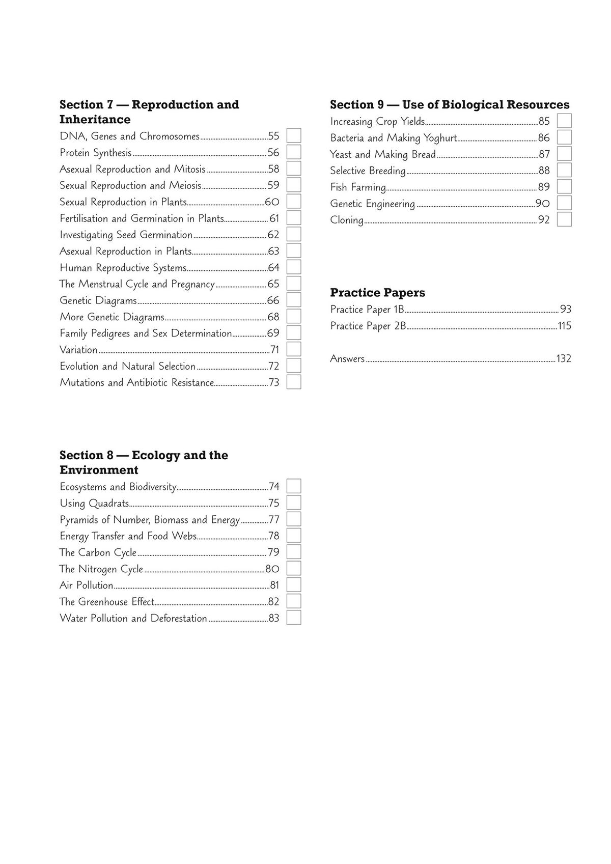 Contents pages showing detailed topic list and practice papers