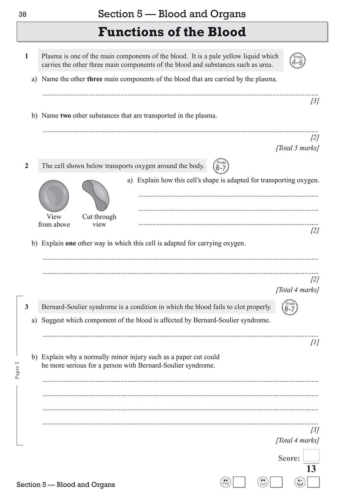 Sample questions page on blood and organs with grade indicators