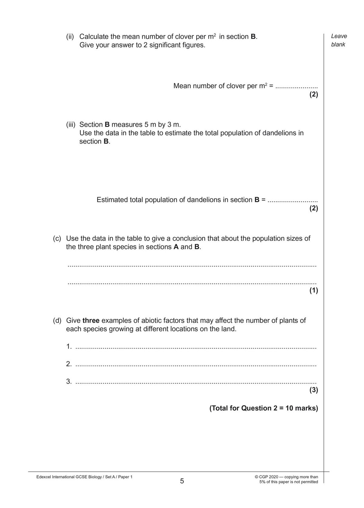 Sample question page showing population ecology calculations and abiotic factors