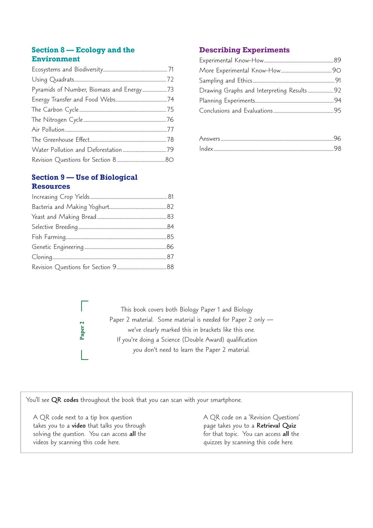 Contents page showing sections on Ecology and the Environment, and Use of Biological Resources, with clear topic lists and page numbers