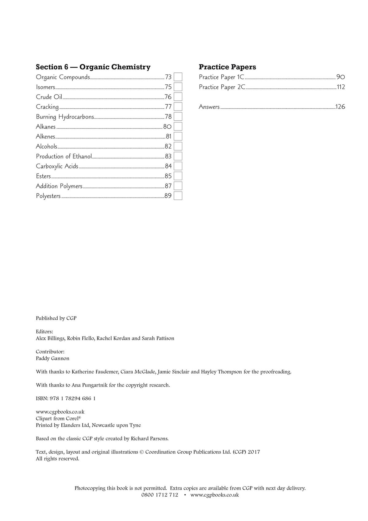 Contents page showing Section 6 Organic Chemistry topics and Practice Papers