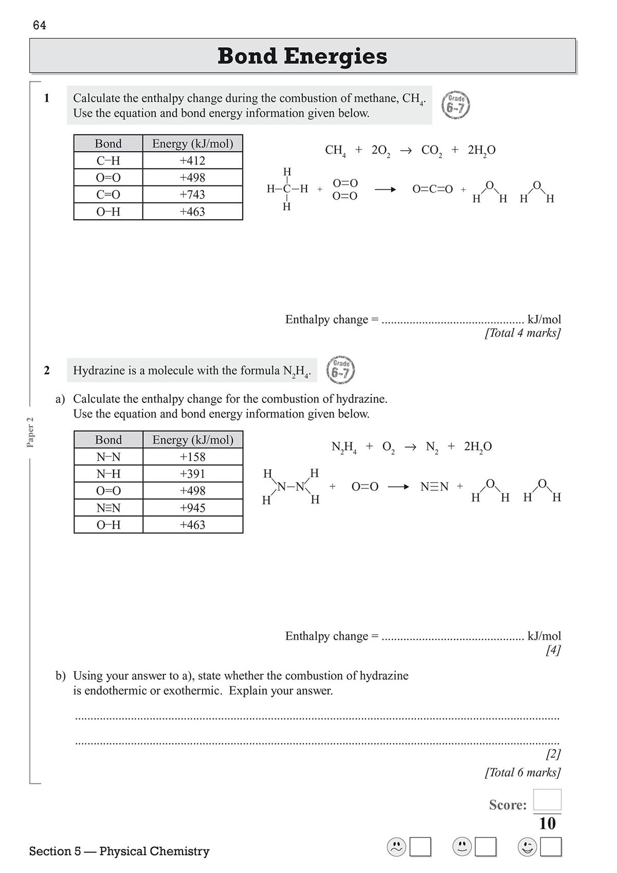 Sample question page on bond energies with combustion calculations and grade indicators