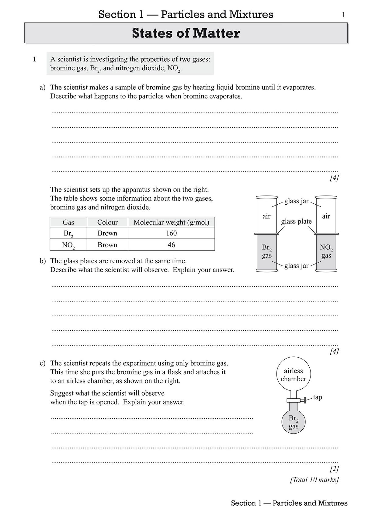 States of Matter exam question page with diagrams of bromine and nitrogen dioxide gas experiments