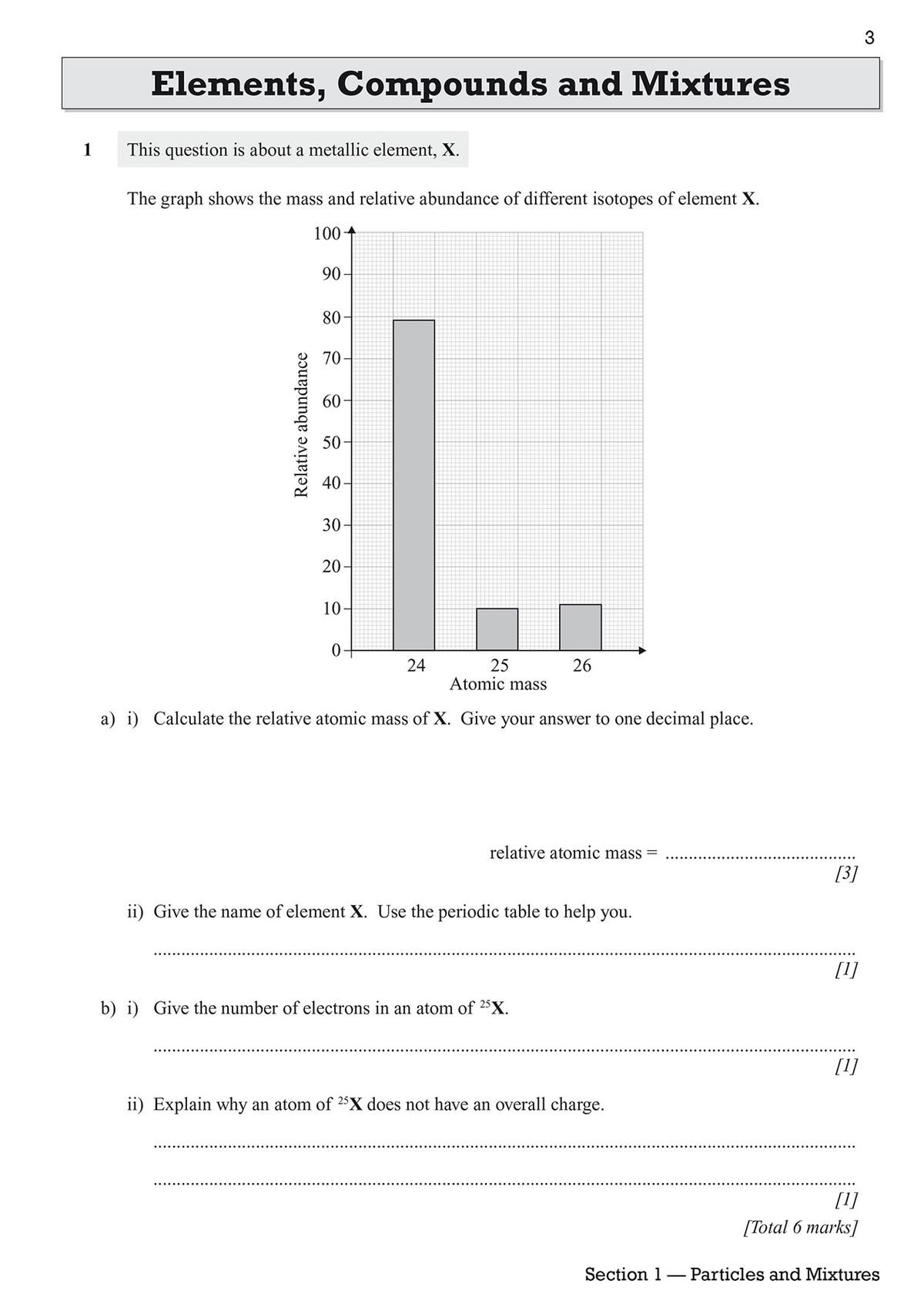 Elements, Compounds and Mixtures question page featuring isotope graph and atomic mass calculations