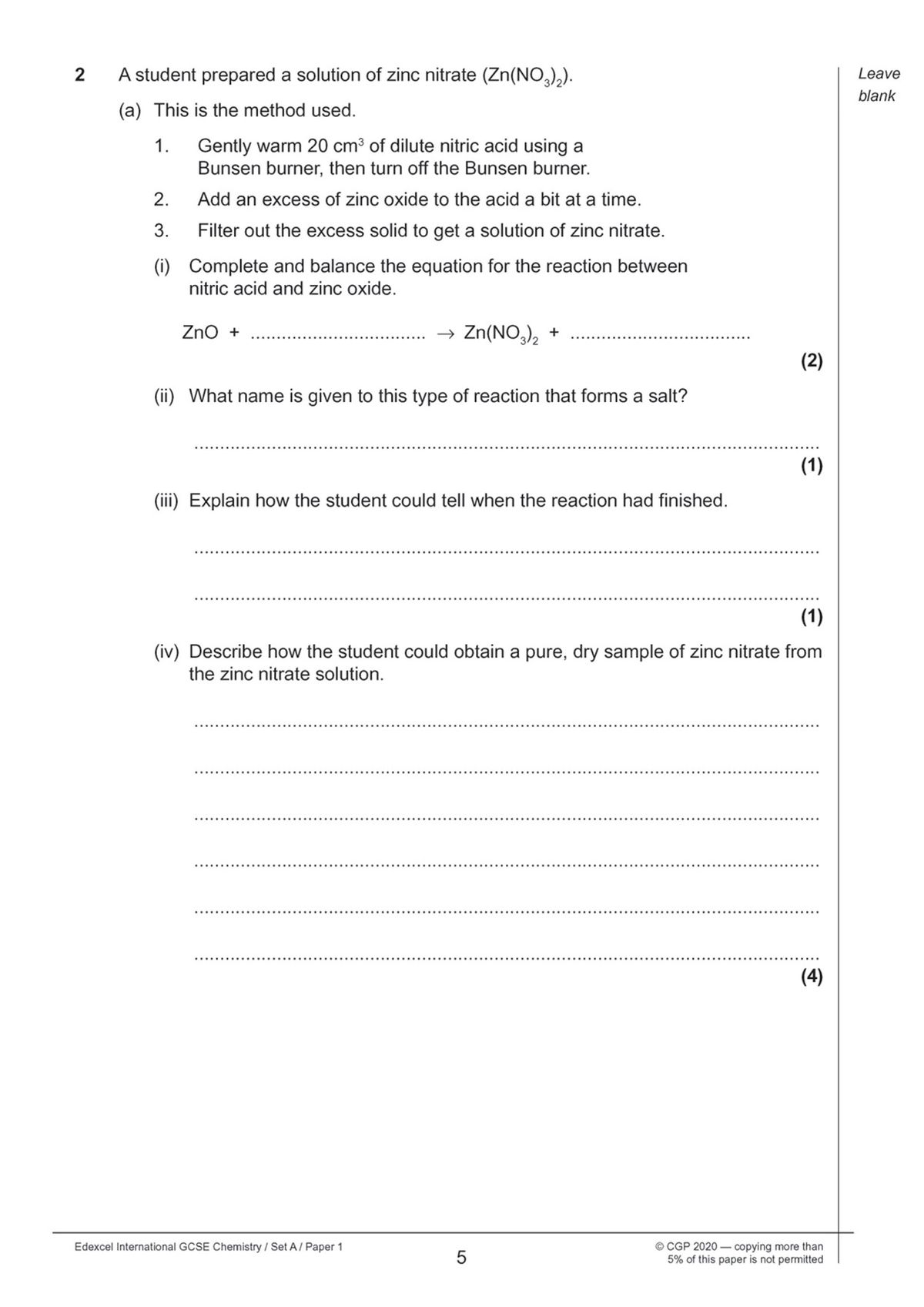 Sample question page from Edexcel IGCSE Chemistry practice paper showing a multi-part question on preparing zinc nitrate solution