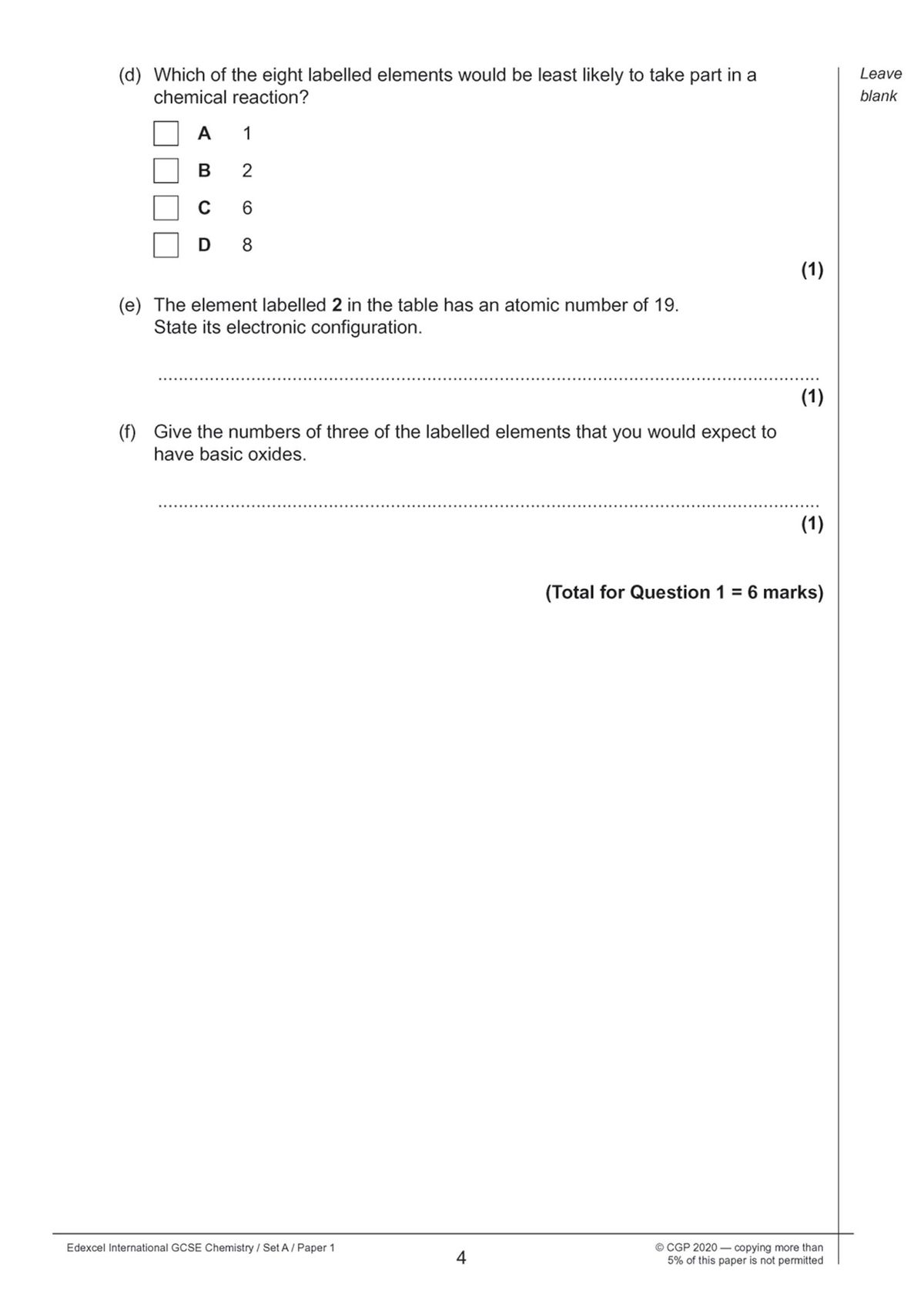 Multiple choice and structured questions from Edexcel IGCSE Chemistry practice paper covering periodic table elements and electron configuration