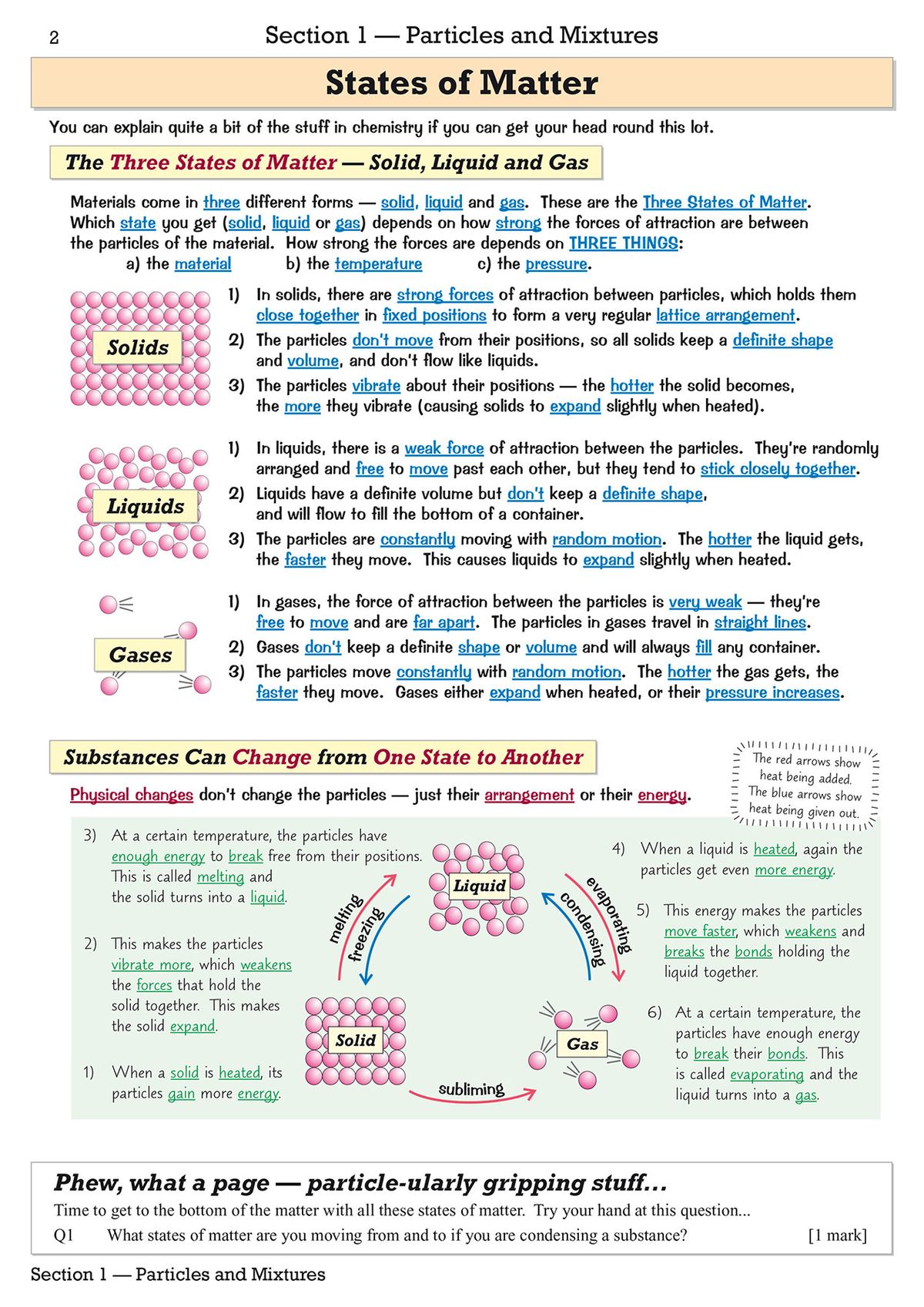 Inside page showing states of matter with diagrams of solids, liquids and gases