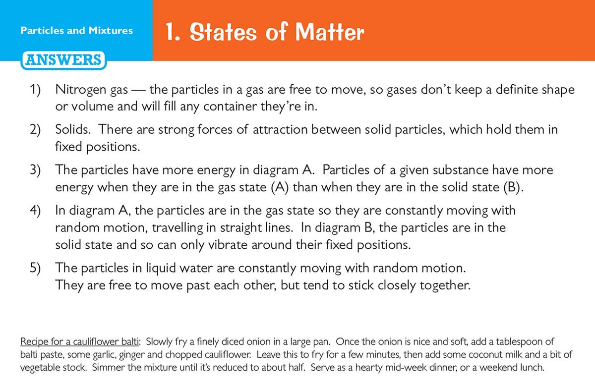 Sample answer card showing detailed explanations for particles and states of matter questions