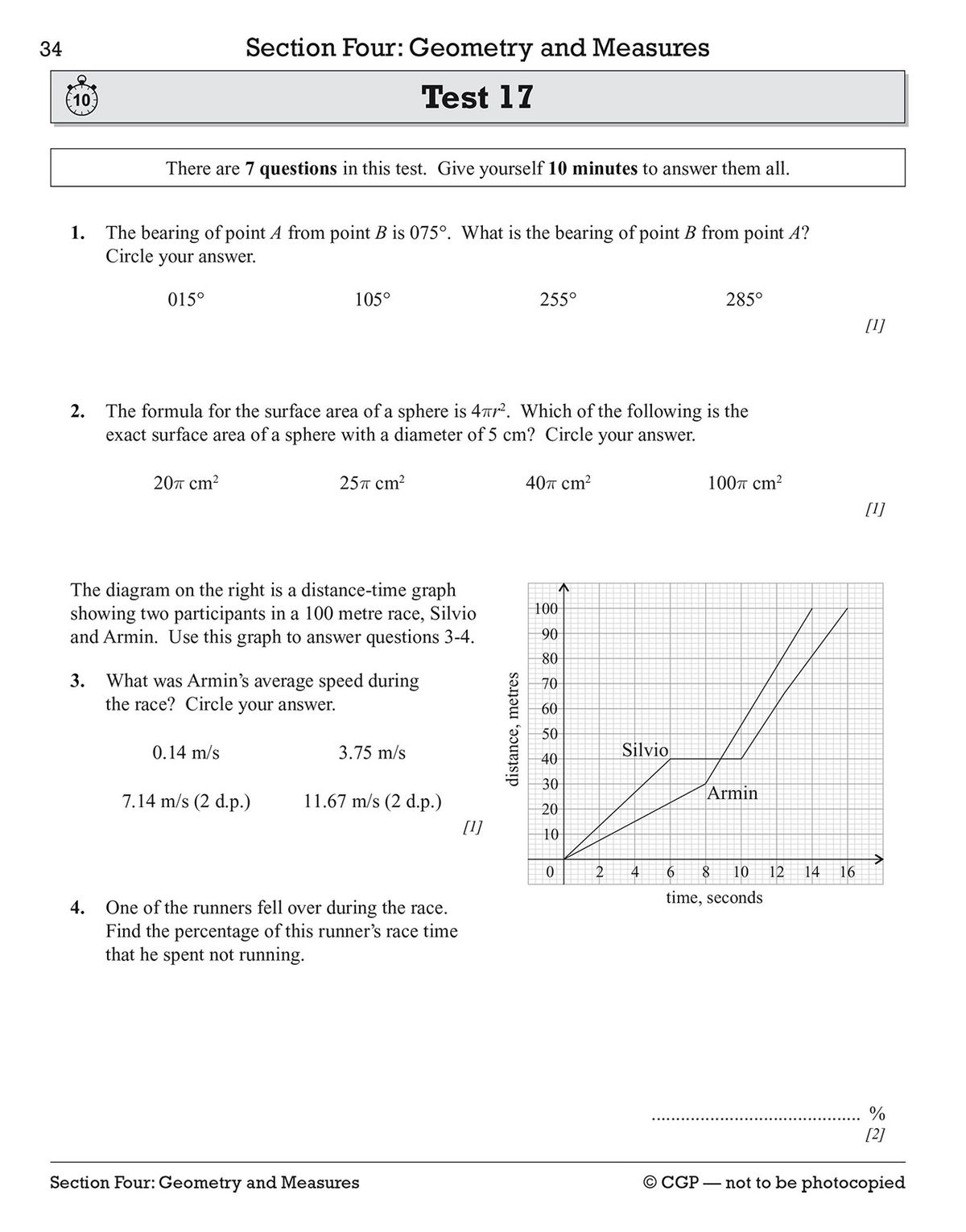 Inside page showing a geometry test with questions on parallel lines, regular shapes, and circle theorems
