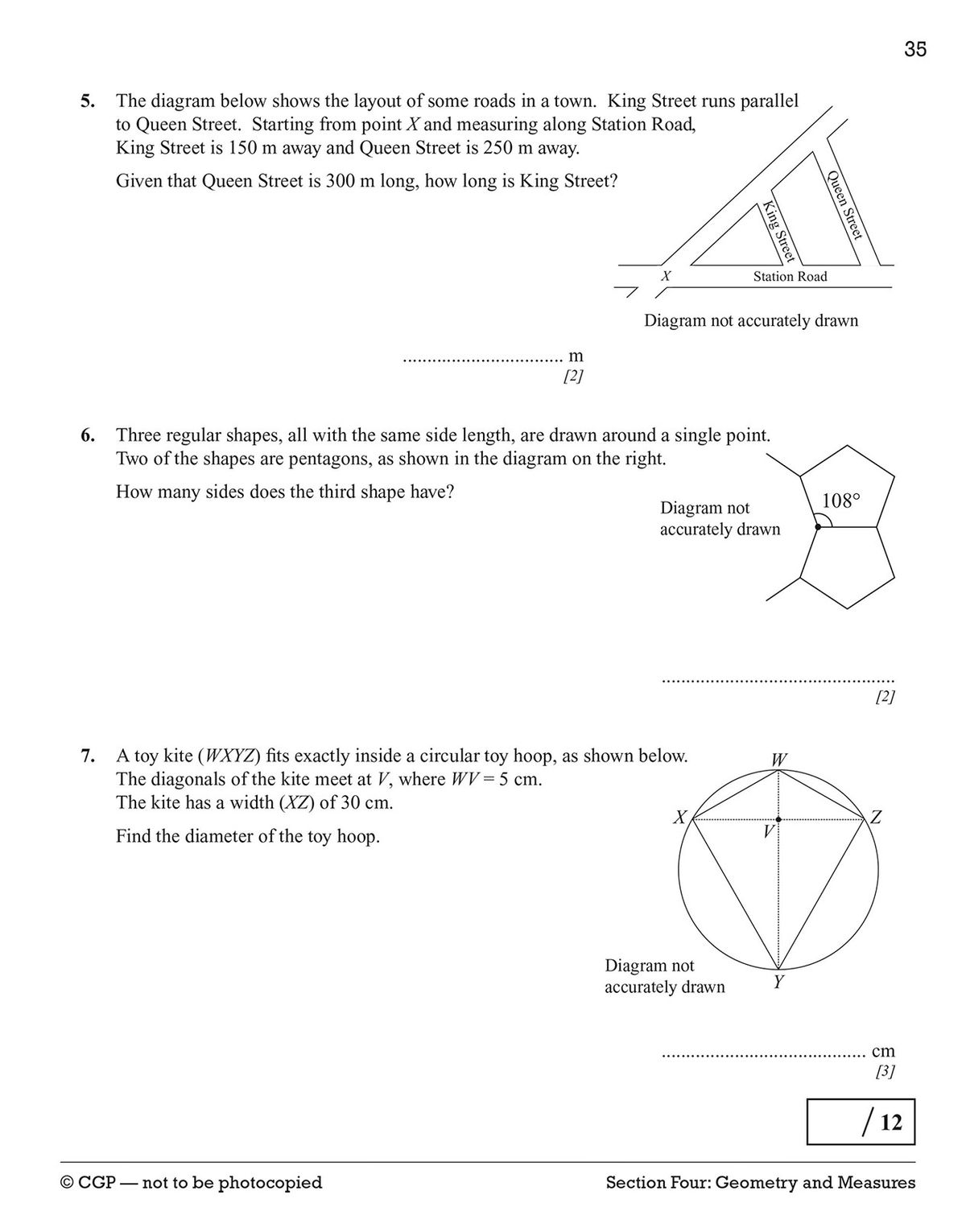 Sample test page showing geometry problems including bearings, surface area, and speed calculations