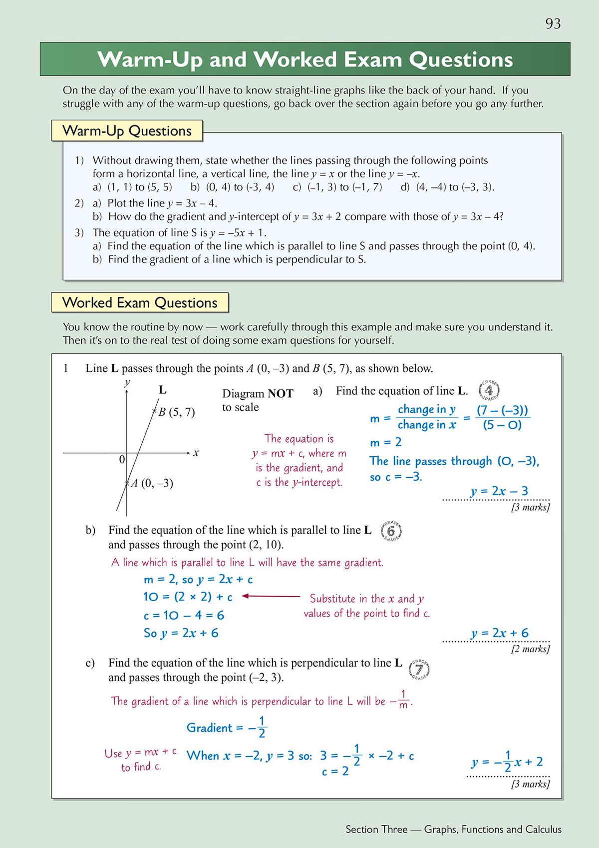 Warm-up and worked exam questions page with step-by-step solutions