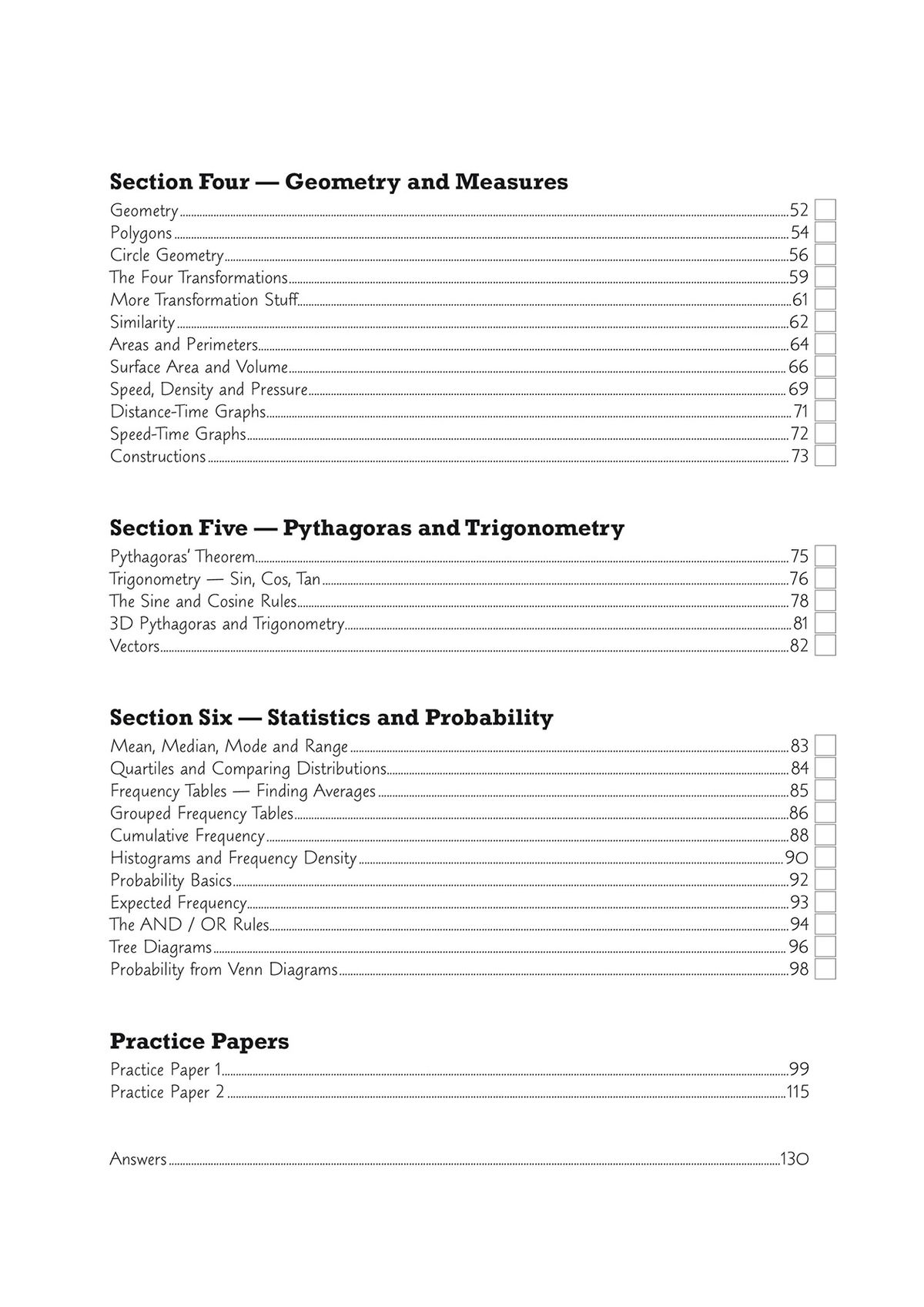 Contents page showing section four on geometry and measures, section five on Pythagoras and trigonometry, section six on statistics and probability, and practice papers