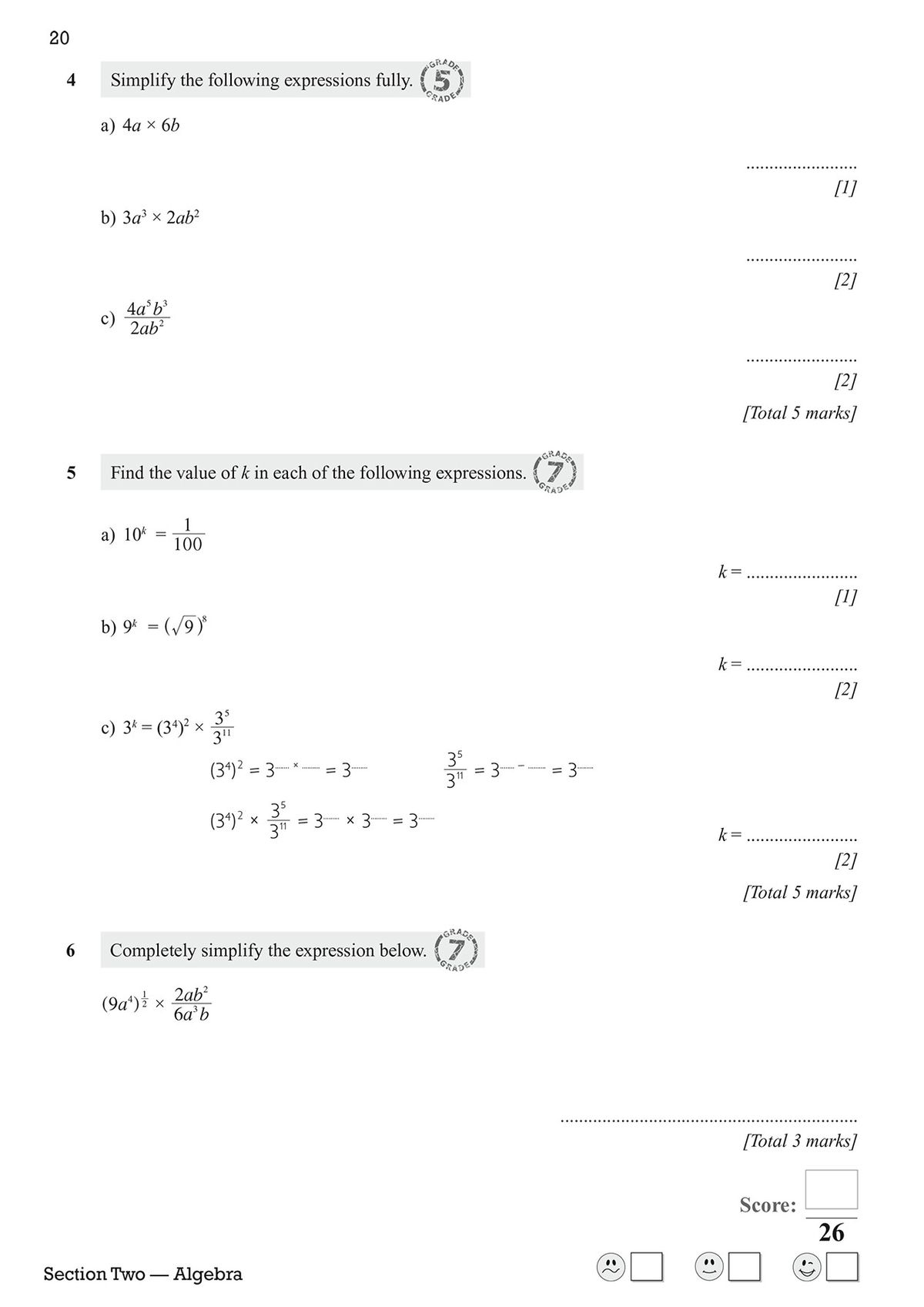 Sample algebra questions on simplifying expressions and finding unknown values, with grade stamps and space for working